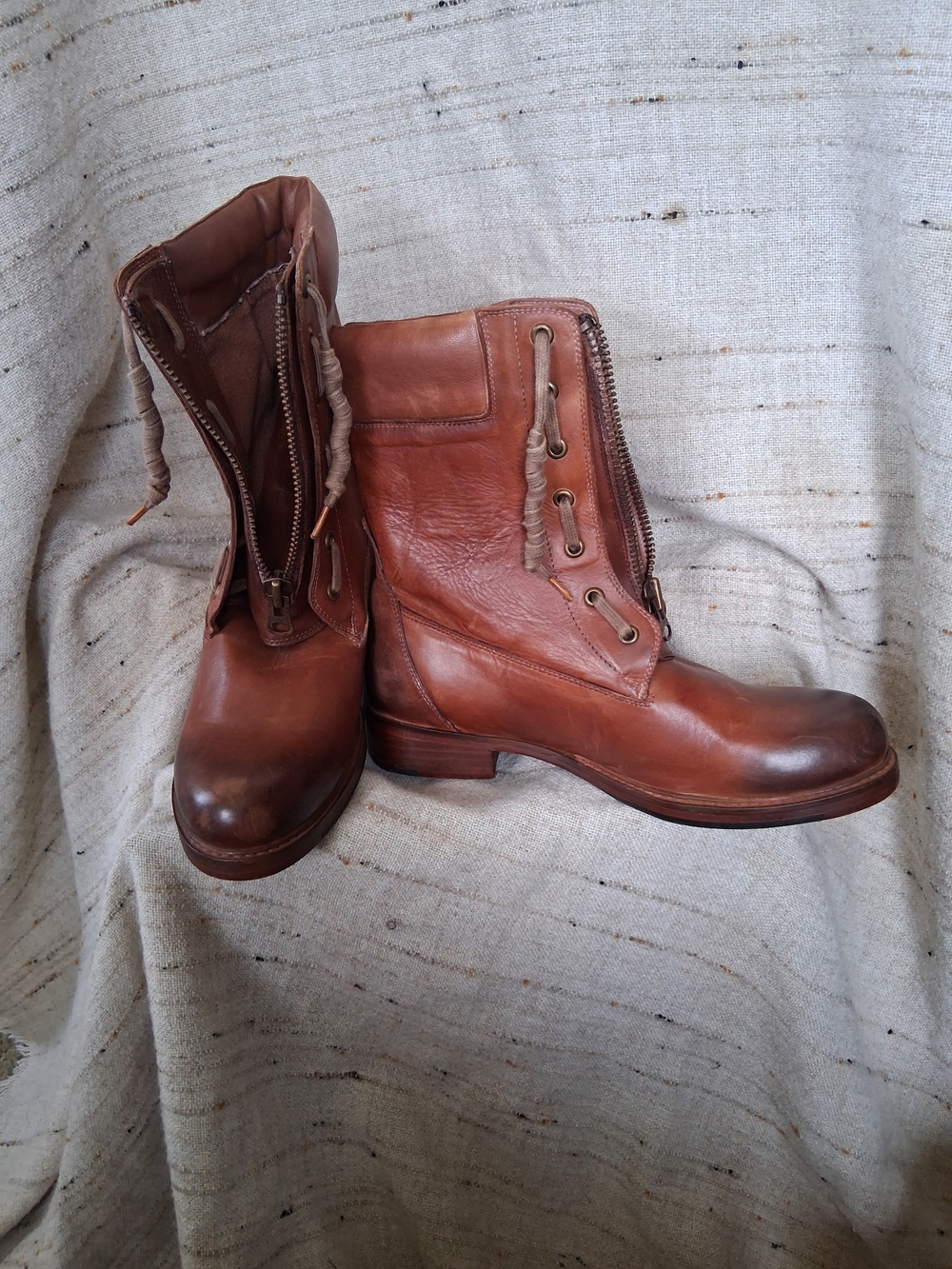 Women's Brown Leather Combat Boots with Side Zip